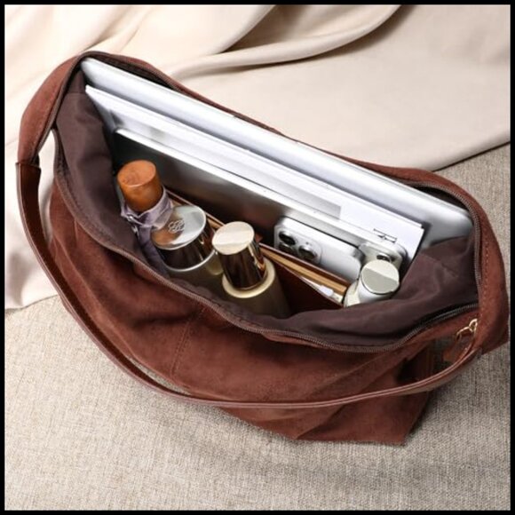 Faux Suede Hobo Shoulder Bag Slouchy Tote Zipper Closure Boho Chic - Picture 5 of 7